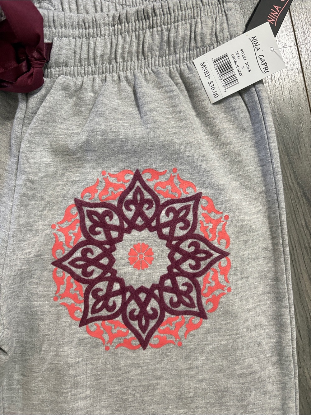 Nina Capri Heather Gray Pants with Coral & Plum Mandala - Picture 6 of 11